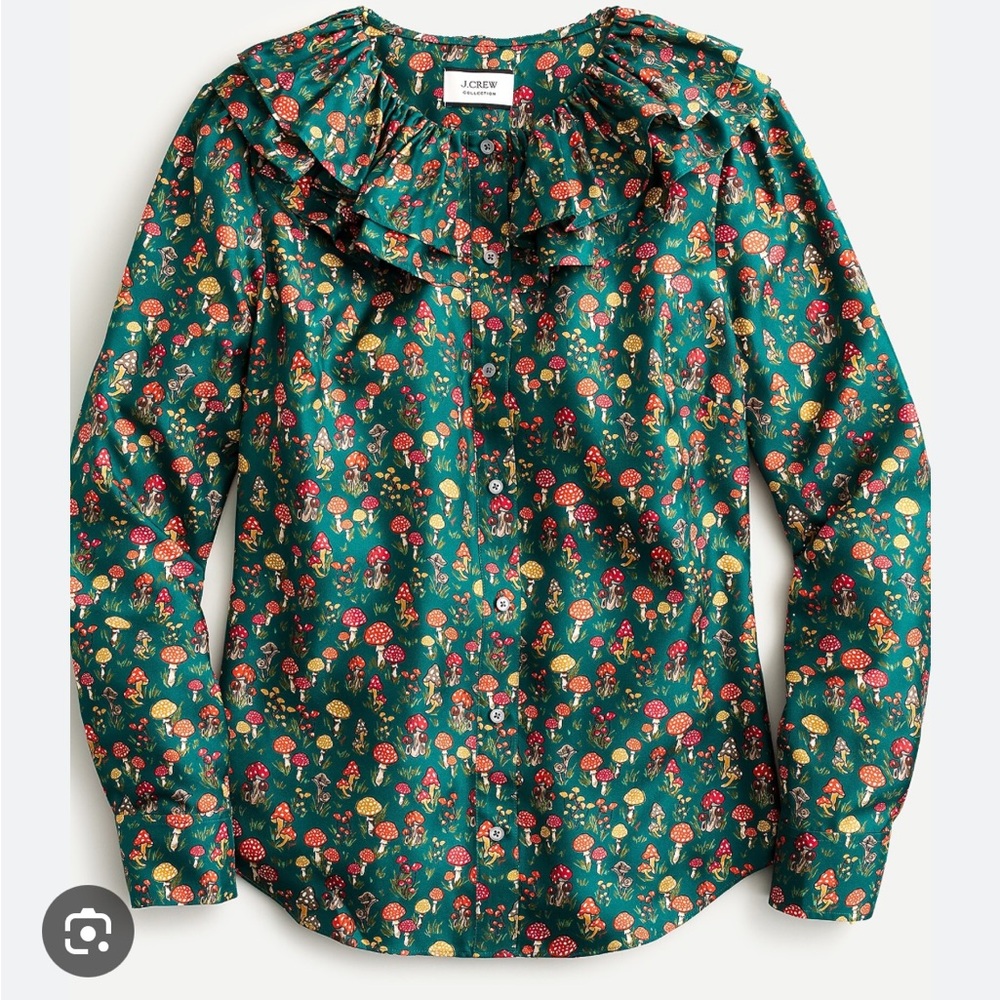 J. Crew Green Ruffle-Collar Mushroom Print Button-Down